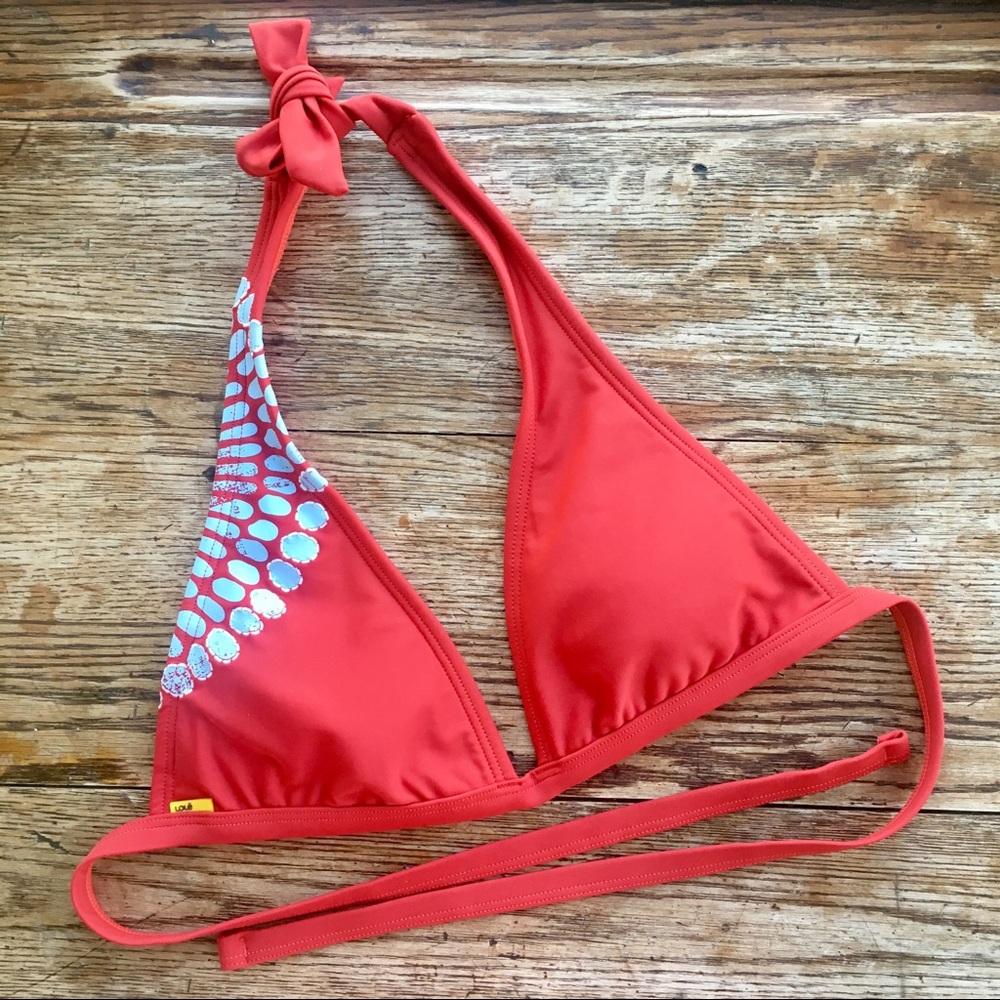 CLEARANCE Lolë—Triangle Halter Tie String Bikini Top (Red/Light Blue, Small)